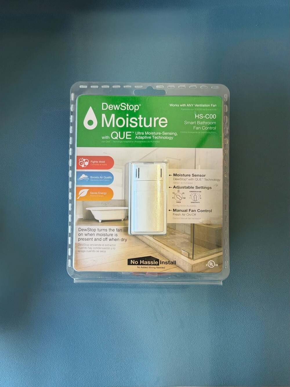 DewStop HS-C00-W7 Smart Bathroom Fan Control with Moisture Sensor, White